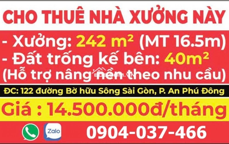 NHÀ XƯỞNG 282m2, MẶT TIỀN ĐƯỜNG BỜ HỮU SÔNG SÀI GÒN, P. AN PHÚ ĐÔNG, QUẬN 12, Giá  14,5 triệu/tháng.